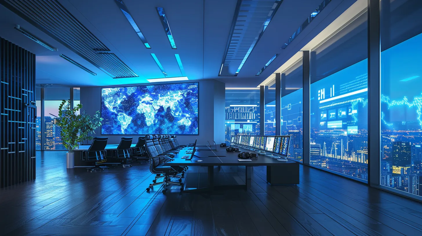 a sleek, modern office space filled with innovative technology, featuring a prominent digital display showcasing dynamic data visualizations, illuminated by soft, ambient lighting that enhances the high-tech atmosphere.