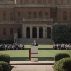 a political leader stands behind a podium, addressing an audience with a university campus in the background.