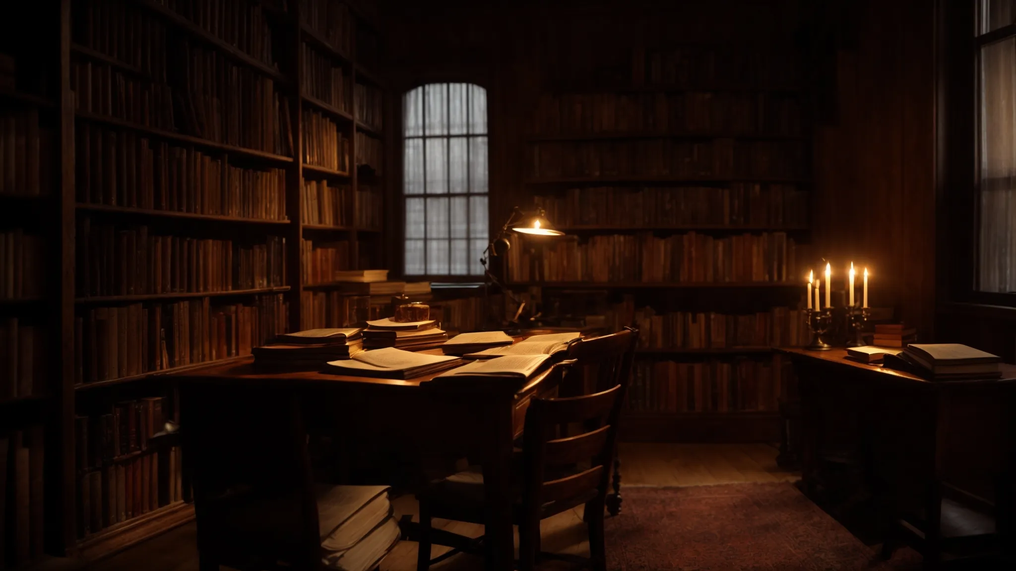 a rustic, dimly lit study room with an old desk covered in a few scattered books and a simple candle casting shadows on the walls.