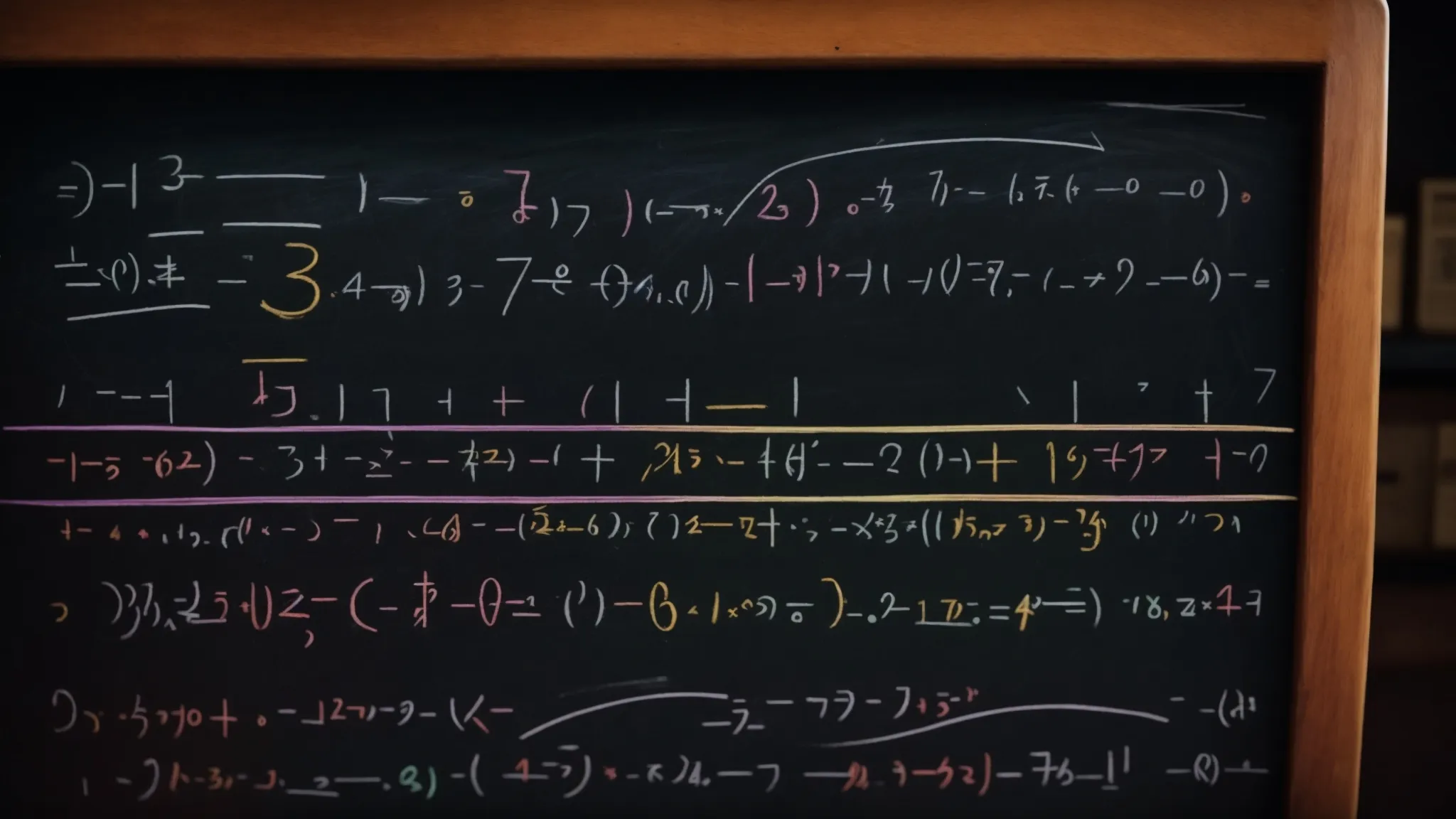 a chalkboard filled with algebraic equations highlighting different algebraic components underlined with different colors.
