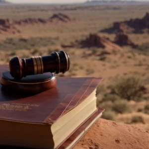 a gavel resting on a law book with the arizona desert in the background.
