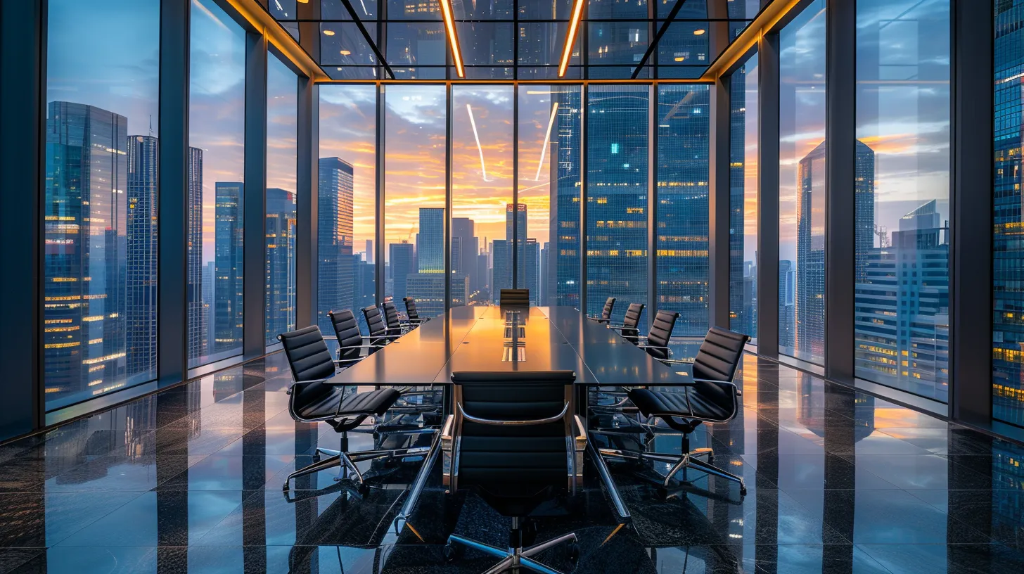 a sleek, modern office space features a polished conference table at the center, surrounded by high-backed chairs, with large glass windows revealing a bustling city skyline in the background, bathed in warm artificial lighting that enhances the professional atmosphere.