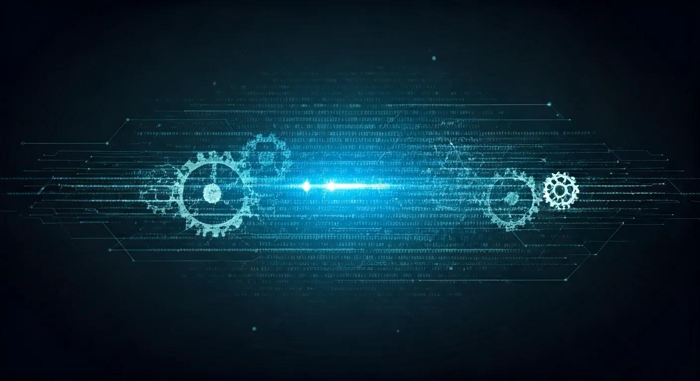 Conceptual representation of radicalization algorithms with gears and digital data streams, highlighting their complexity