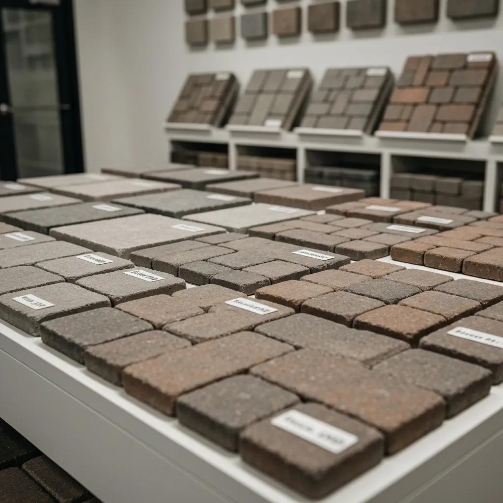 Various walkway materials including interlocking concrete, natural bluestone, and brick pavers with price tags in a professional setting