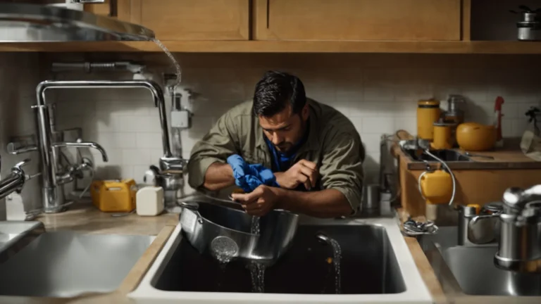 a plumber adjusts the equipment on a clogged kitchen sink, ready to clear the blockage.