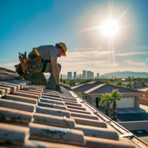 Professional roofer inspecting a residential roof in Las Vegas under bright sunlight