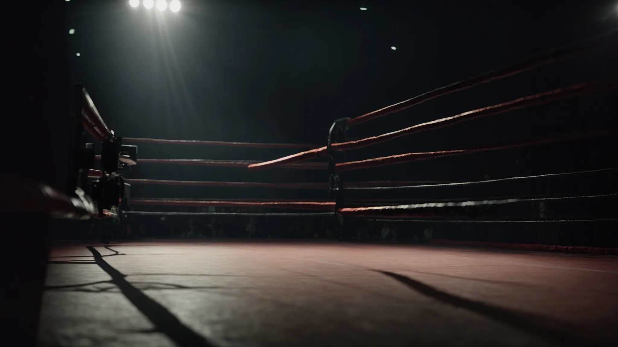 a wrestling ring stands empty under a spotlight, evoking a somber atmosphere.