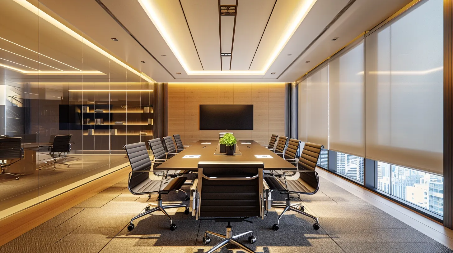 a sleek, modern office space features an elegantly arranged conference table adorned with sophisticated technology, illuminated by dramatic overhead lighting that enhances the professionalism of the setting.