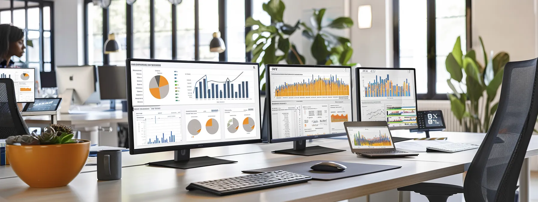 a sleek, modern office workspace showcases multiple computer screens displaying intricate graphs and analytics, highlighting the revolutionary ai-powered website optimization process of otto, with a confident professional analyzing the data in a focused atmosphere. a sleek, modern office workspace showcases multiple computer screens displaying intricate graphs and analytics, highlighting the revolutionary ai-powered website optimization process of otto, with a confident professional analyzing the data in a focused atmosphere.