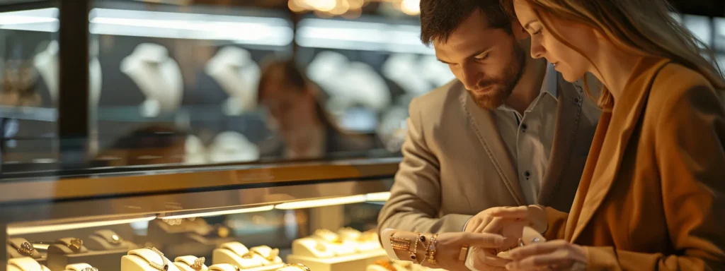 two business professionals examining a selection of 10k yellow gold wedding bands at a jewelry store.