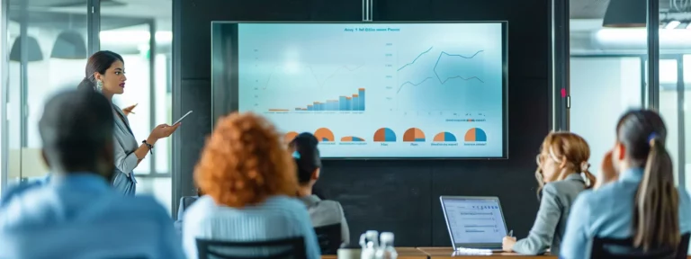 a sleek and modern office space, featuring a large digital display showcasing a polished presentation, confidently conveying a tailored business plan to an engaged audience of diverse professionals.
