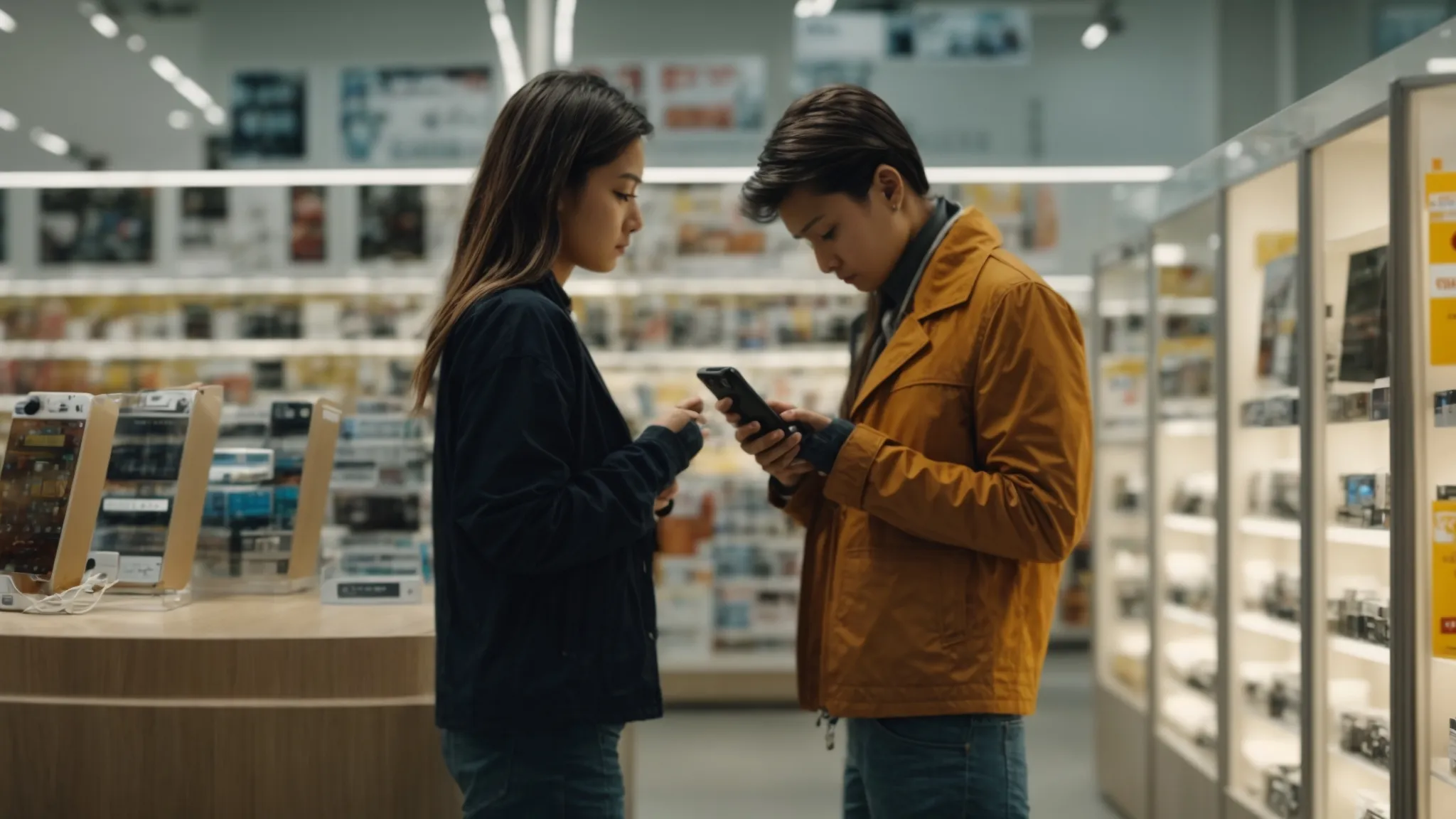 a person thoughtfully comparing two smartphones in a brightly lit electronics store.