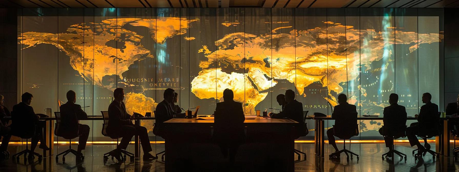 a dramatic boardroom meeting unfolds, highlighting influential western diplomats and middle eastern oil officials engaged in intense discussions over a large, illuminated map of oil reserves, with sleek modern furnishings and shadowy lighting emphasizing the tension of geopolitical negotiations. a dramatic boardroom meeting unfolds, highlighting influential western diplomats and middle eastern oil officials engaged in intense discussions over a large, illuminated map of oil reserves, with sleek modern furnishings and shadowy lighting emphasizing the tension of geopolitical negotiations.