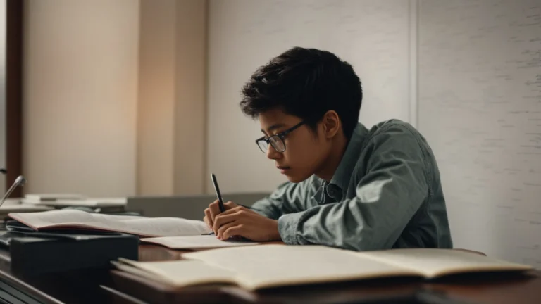 a student sits at a desk, concentrating intensely on plotting points on a graph in a notebook.