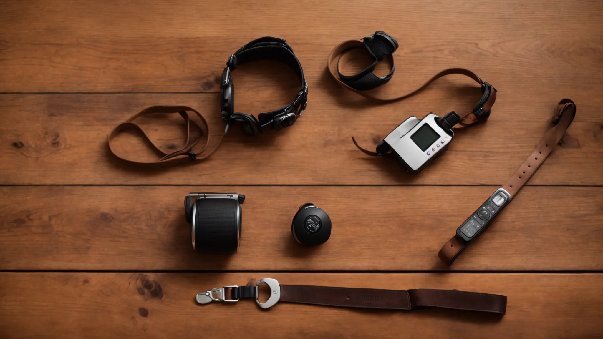 a variety of pet training gadgets neatly layout on a wooden floor, highlighting their diverse shapes and functions.