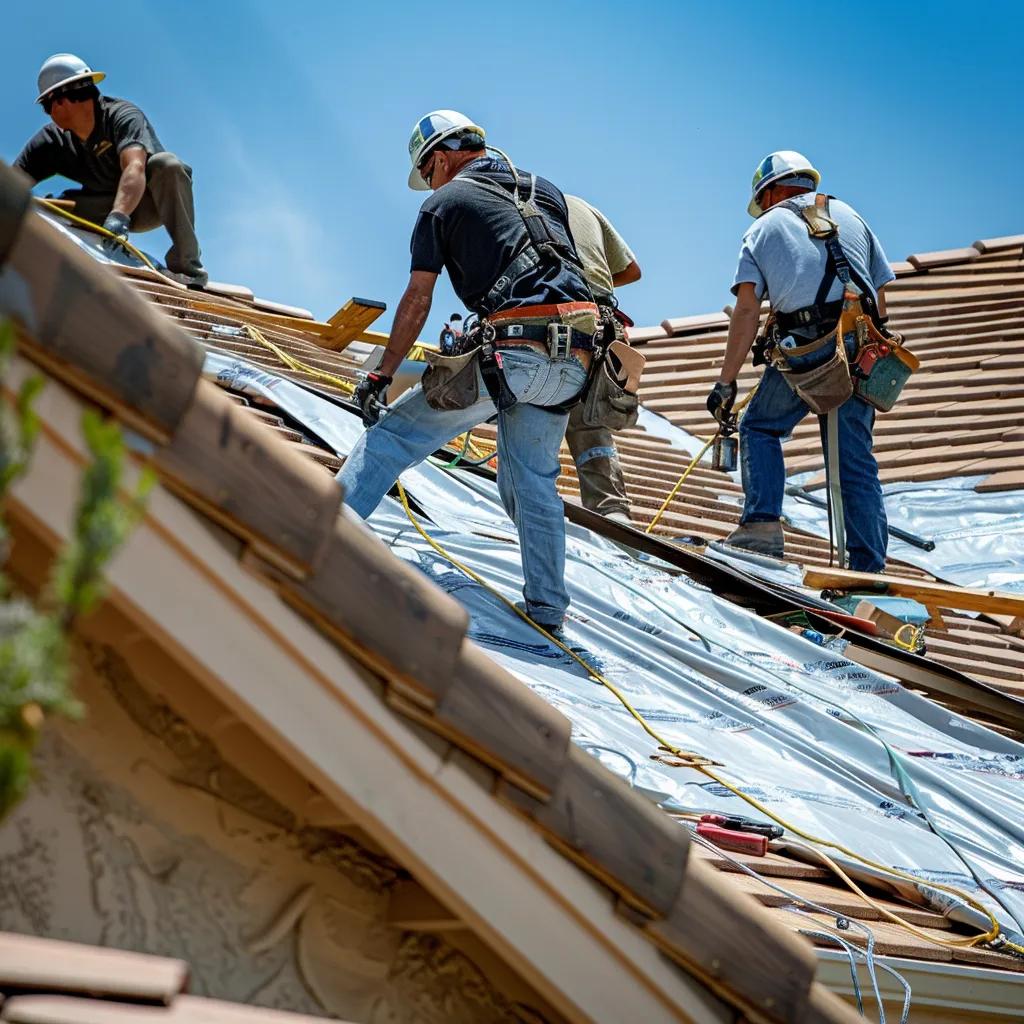 Roofers working on emergency roof repair, showcasing the process of installing a tarp over damage