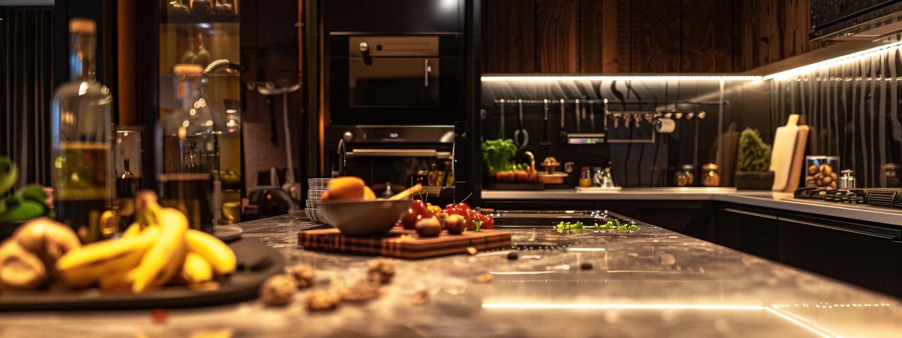 a visually striking kitchen scene showcases a vibrant array of serotonin-boosting foods, such as bananas, nuts, and dark chocolate, artfully arranged on a polished countertop, illuminated by warm, inviting under-cabinet lighting, emphasizing the theme of nutrition and mood enhancement.