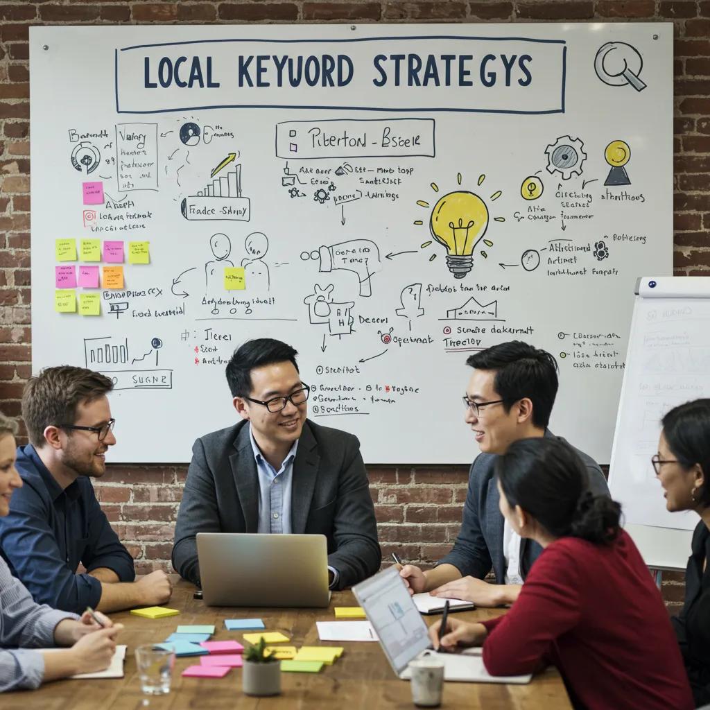 Diverse team brainstorming local keyword strategies in a collaborative workspace, emphasizing teamwork in addiction treatment marketing