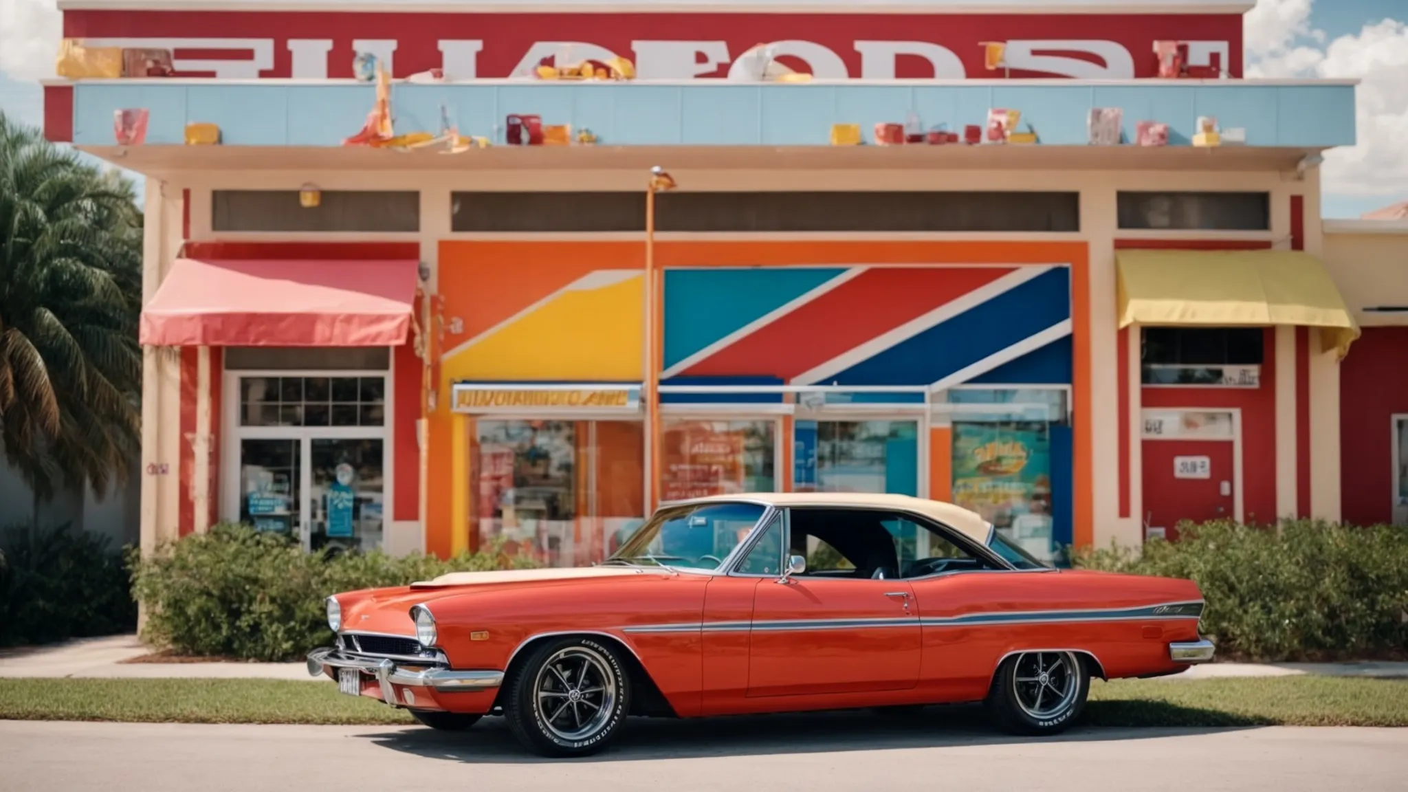 a car parked outside a brightly colored paint store under the clear florida sky, with an open phone displaying a map app rested on the dashboard.