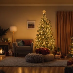 a cozy living room glows warmly, adorned with twinkling, battery-operated christmas lights draped elegantly around a festive tree.
