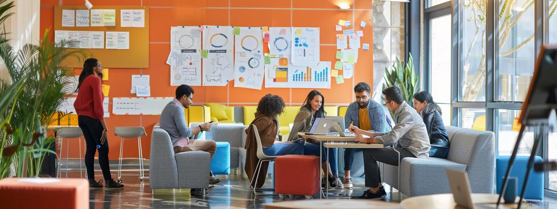 a vibrant and modern office setting features a diverse group of professionals engaged in a dynamic brainstorming session, surrounded by colorful charts and wellness resources, symbolizing a holistic approach to mental wellness and emotional resilience.