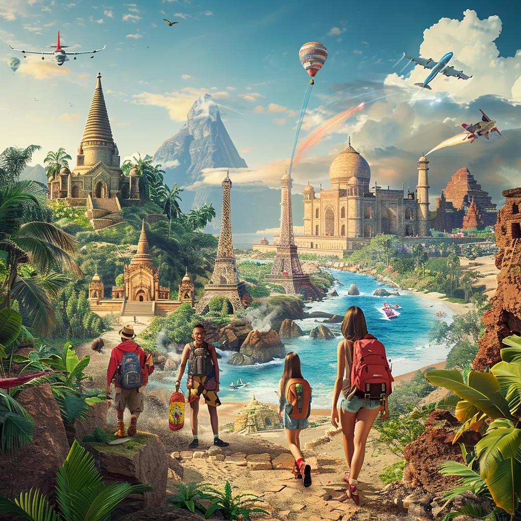 Diverse travelers arriving at an exotic location, illustrating the impact of teleportation on future tourism experiences