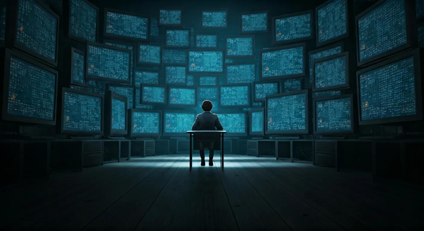 Individual surrounded by screens showing similar content, representing echo chambers and filter bubbles in social media