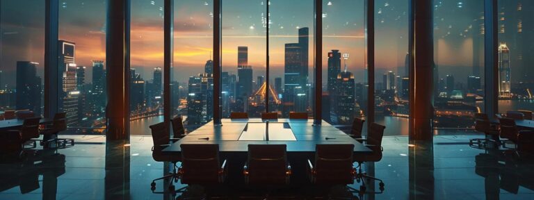 a dramatic, dimly lit urban conference room showcases a powerful leadership discussion, with a large city skyline visible through the panoramic glass windows, symbolizing the shifting tides of oil dominance in the middle east.