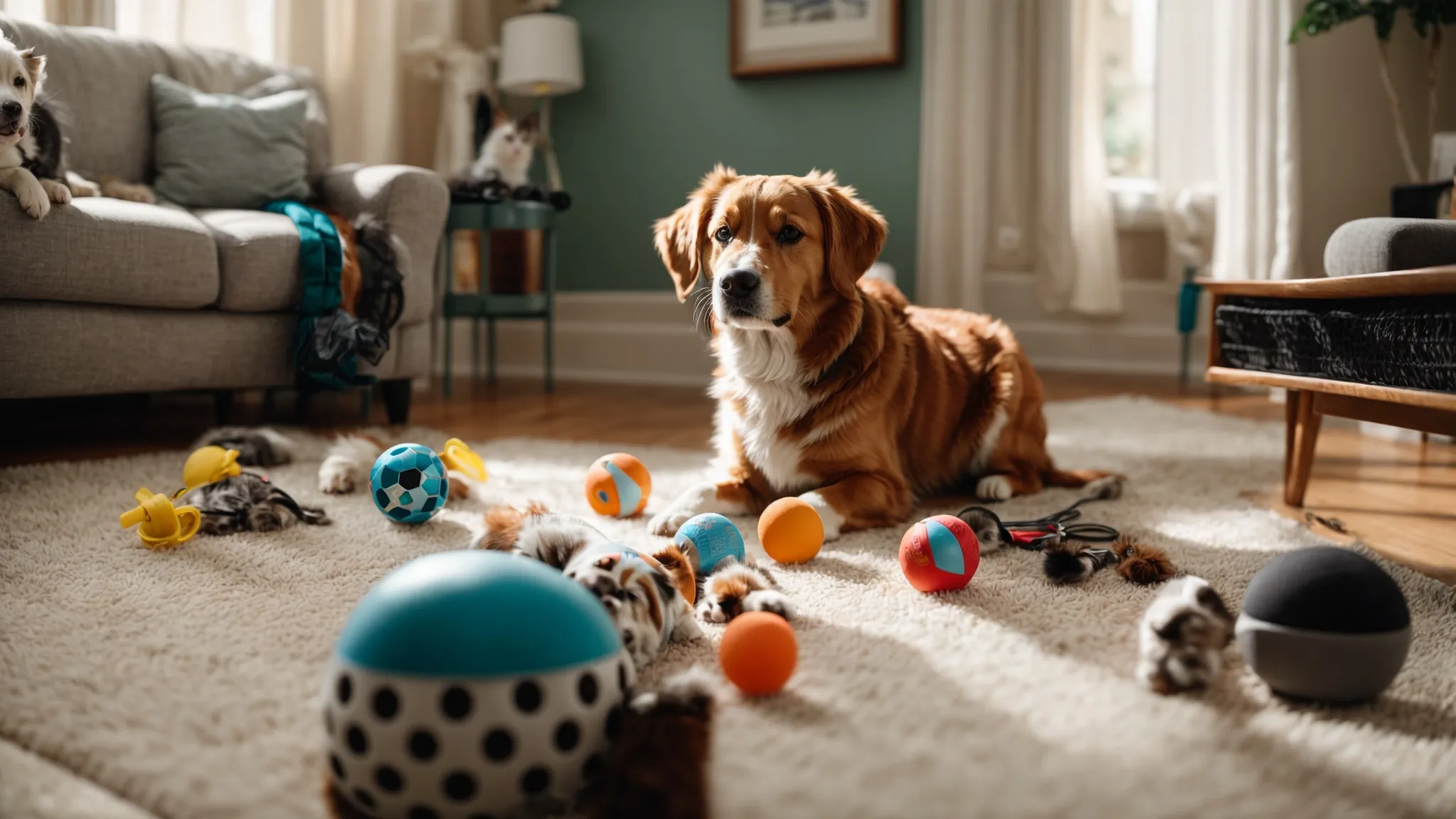 a variety of pet toys and gadgets are spread on a living room floor while a dog and a cat curiously inspect them.
