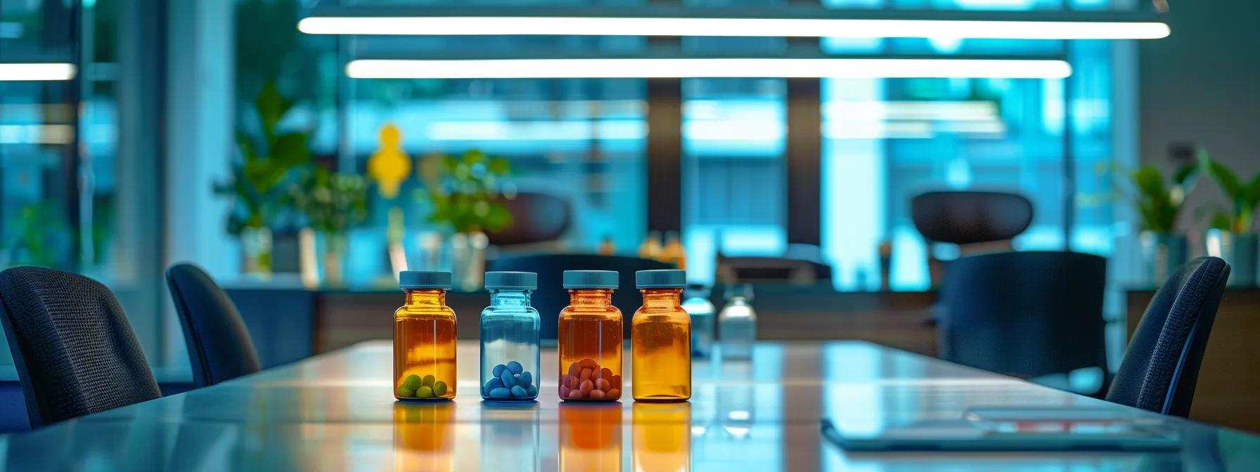 a modern office space filled with vibrant, strategically arranged supplement bottles on a sleek conference table, illuminated by focused overhead lights, symbolizing the scientific quest for natural serotonin enhancement.