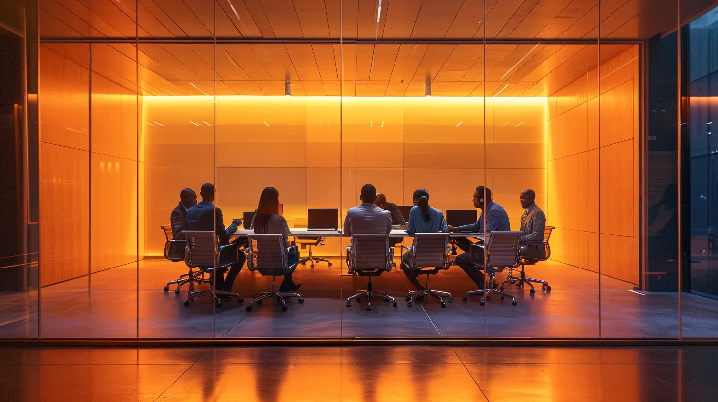 a sleek, modern office space is illuminated by soft, ambient lighting, centered around a polished conference table bustling with diverse professionals engaged in an animated discussion, reflecting teamwork and innovation.