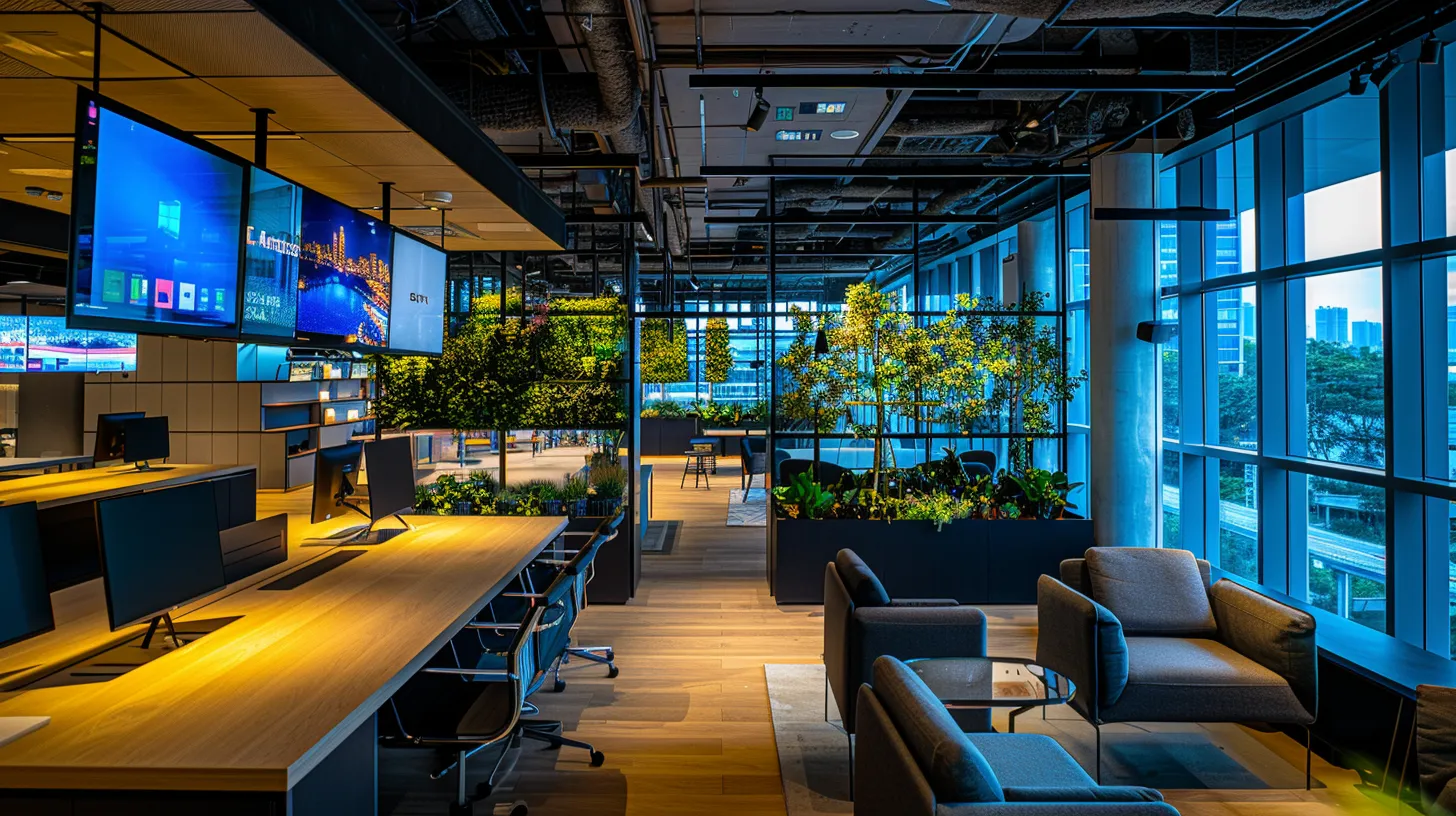 a sleek, modern office with vibrant digital displays illuminating the space, showcasing advanced technology and dynamic team collaboration in action.