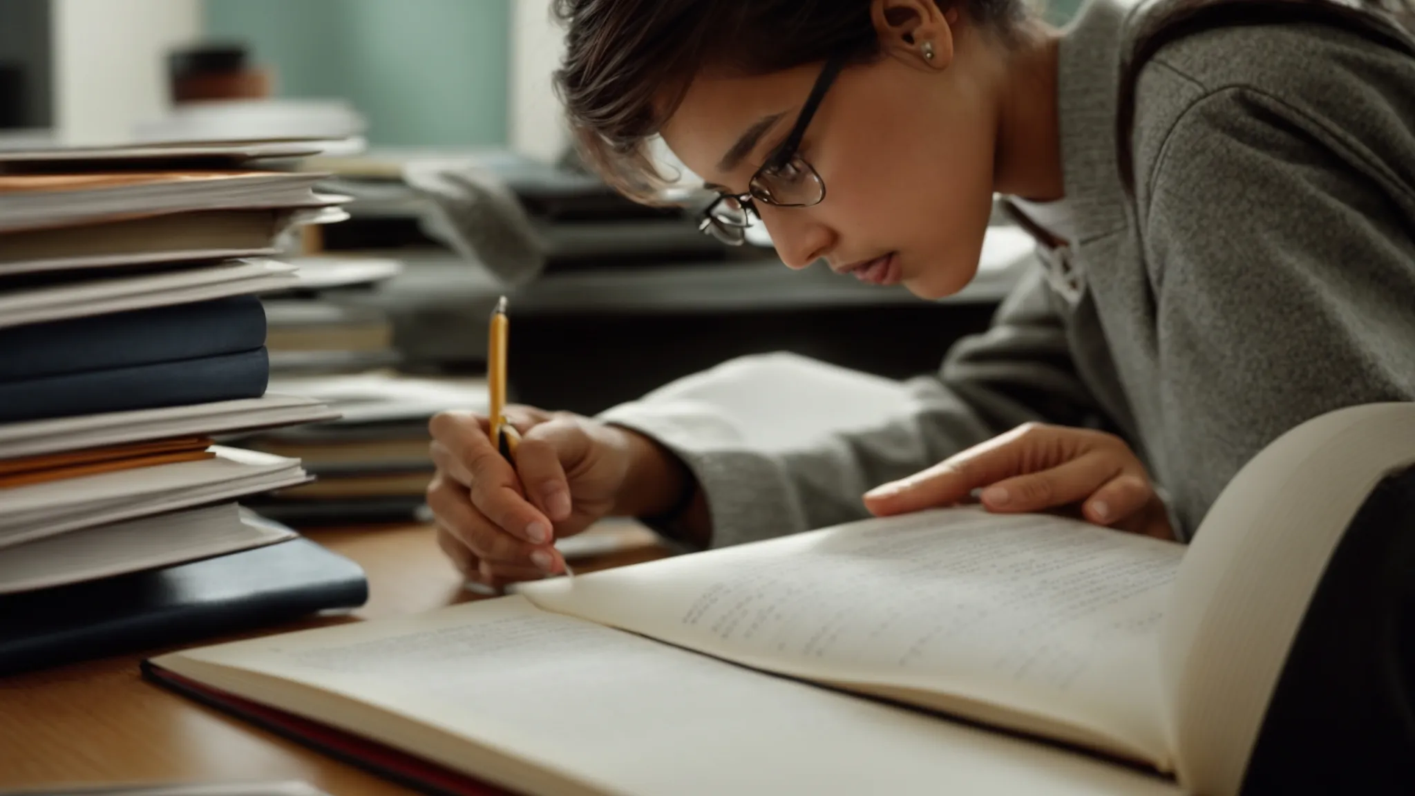 a student sitting at a desk, engrossed in solving complex equations in a math textbook.