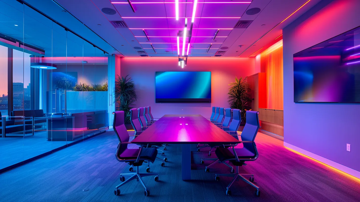 a sleek, modern office workspace with vibrant color accents showcases an innovative team brainstorming session around a high-tech conference table, illuminated by dynamic led lighting that reflects the creativity and energy of collaboration.