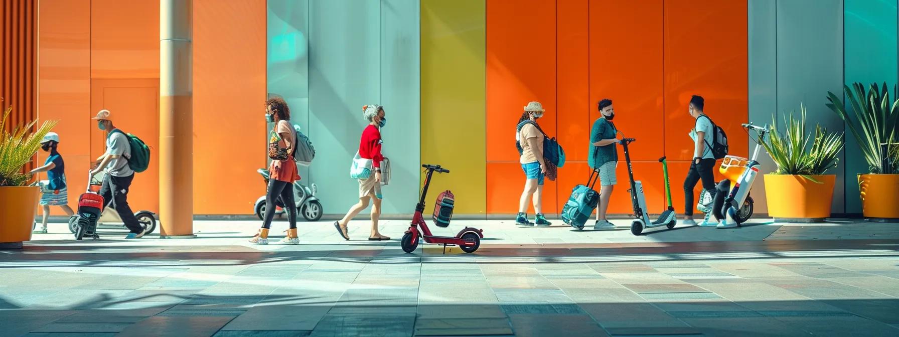 a vibrant urban travel scene showcases diverse travelers engaging in eco-friendly practices, such as using electric scooters and reusable containers, amid modern architecture that emphasizes green building design.