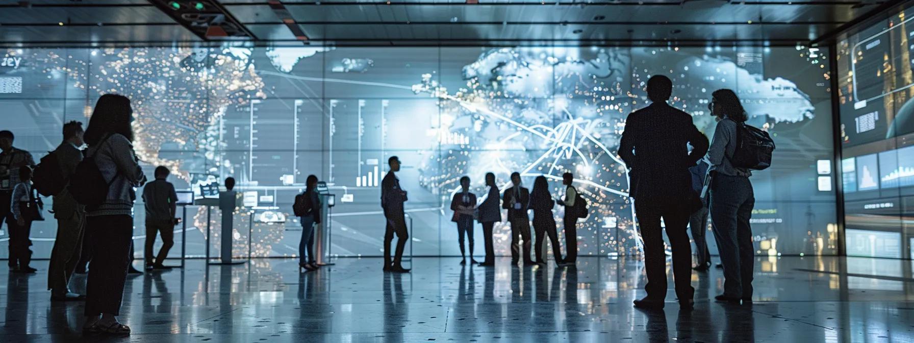 a dynamic urban scene captures a diverse group of scientists and policymakers engaged in a focused discussion amid a backdrop of city infrastructure, showcasing interactive digital displays highlighting regional effects of climate change and extreme weather patterns.