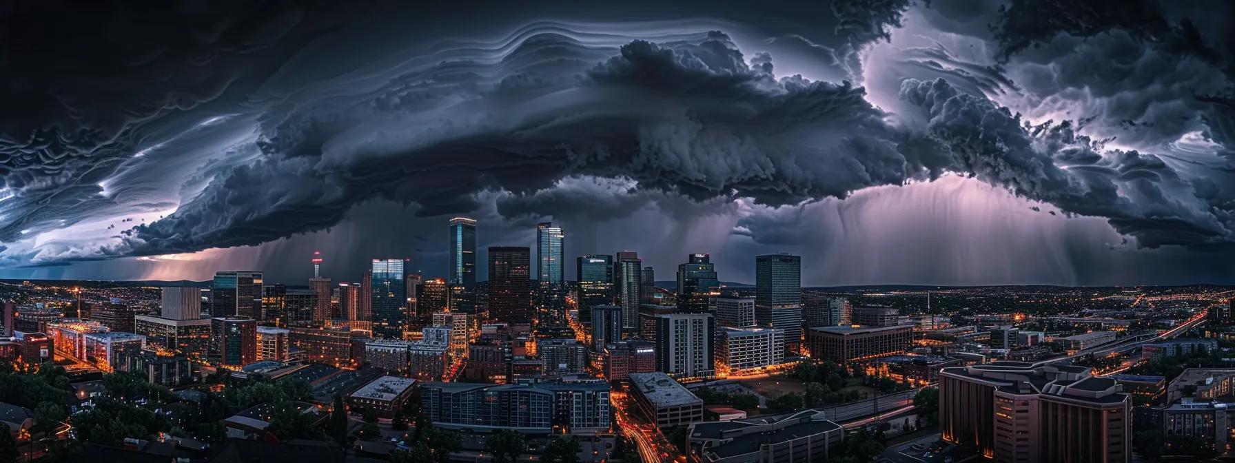 a dramatic urban skyline is illuminated under ominous storm clouds, showcasing the stark contrast between towering buildings and the chaotic energy of a brewing superstorm, symbolizing the escalating intensity of extreme weather phenomena.