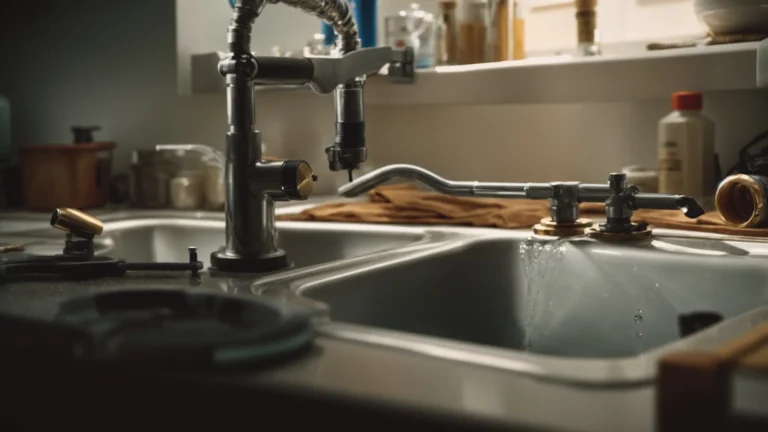 a plumber uses tools to fix a pipe under a kitchen sink, preventing a water leak.