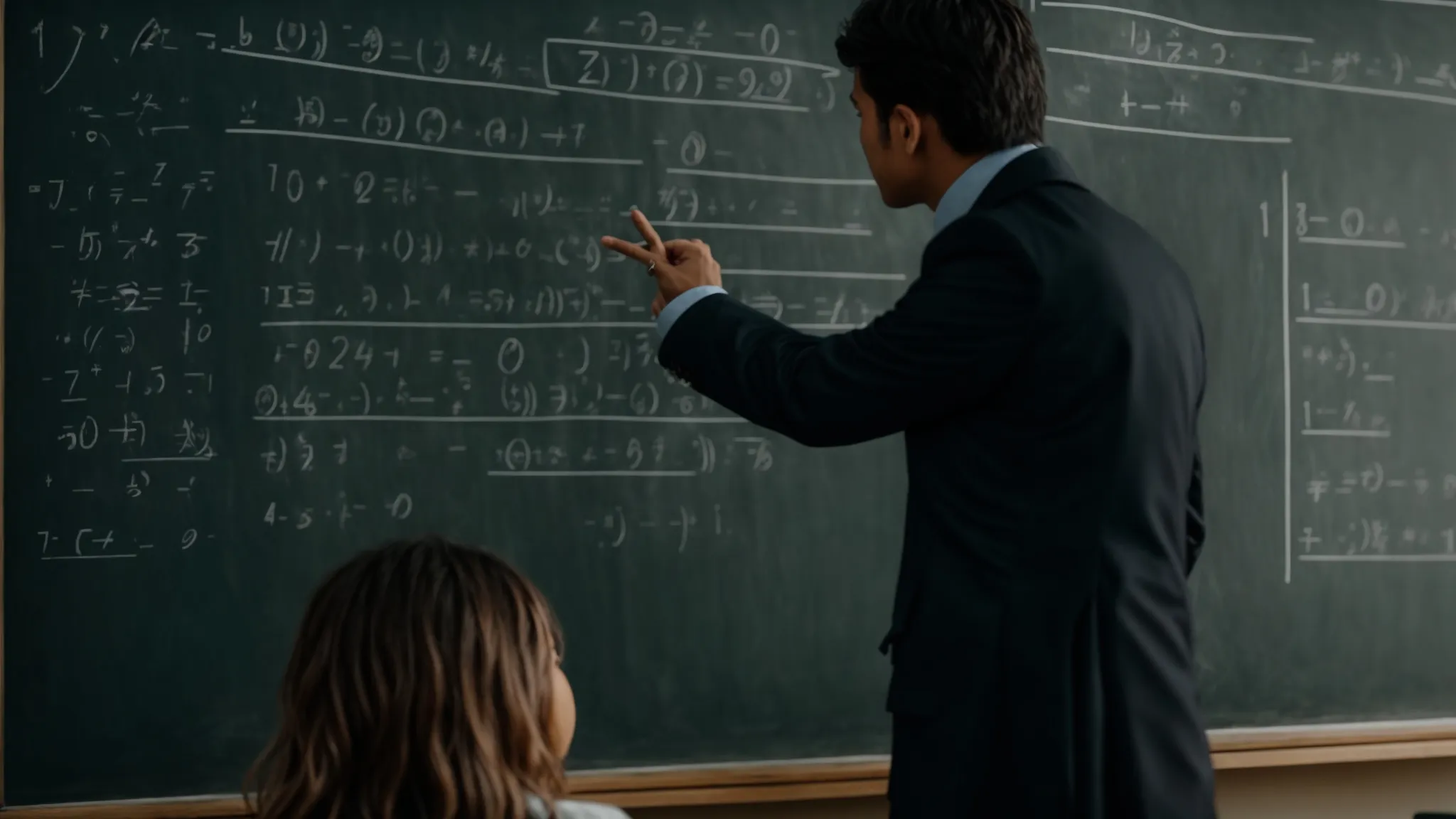 a teacher standing beside a blackboard filled with algebra equations, pointing towards a practice question.