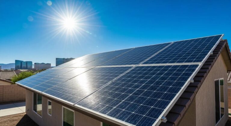 Solar panels on a modern home in Las Vegas under bright sunlight, symbolizing energy independence