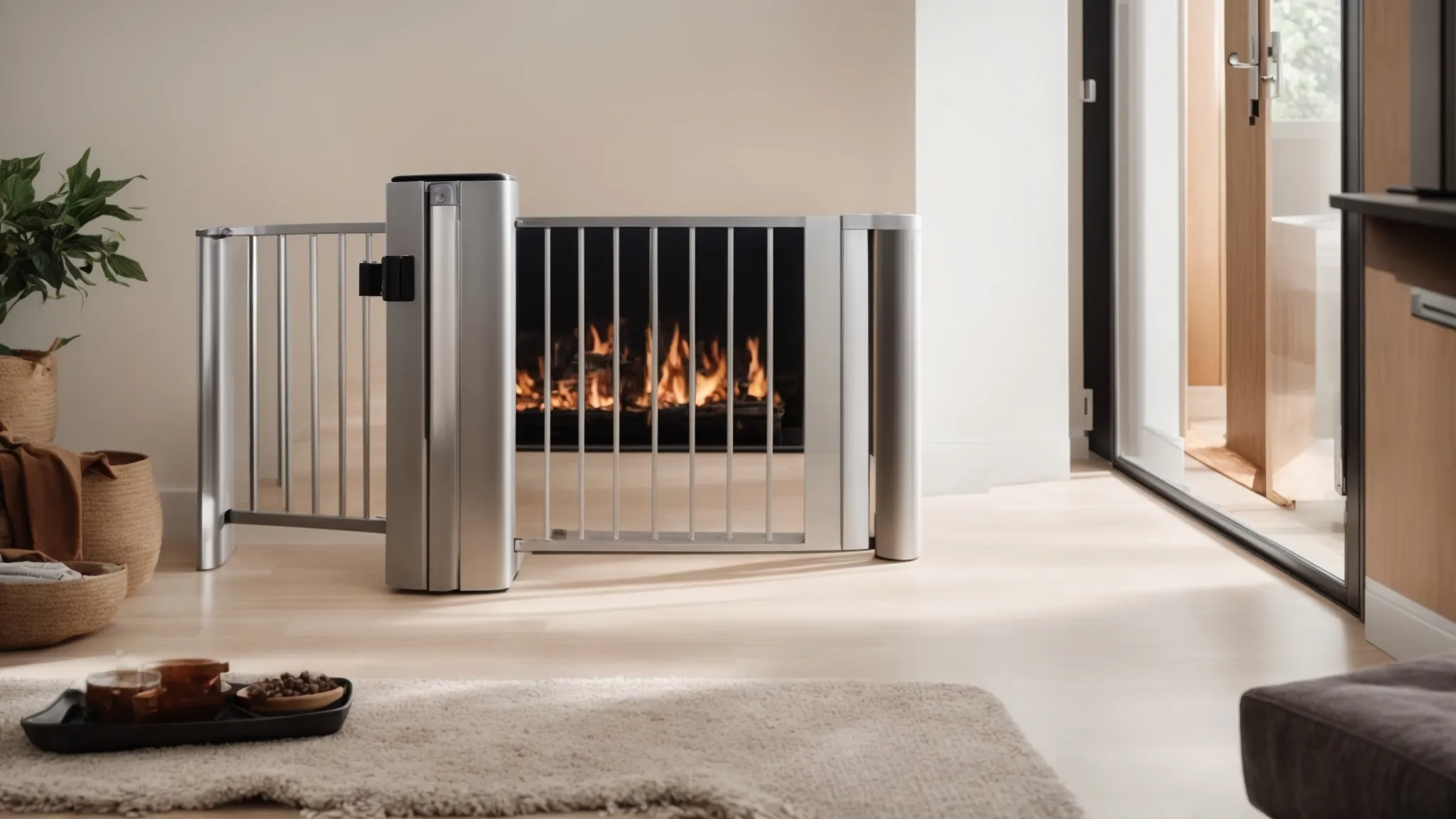 a living room seamlessly divided by a sleek, modern pet gate, with an automatic treat dispenser stationed near a cozy pet bed.