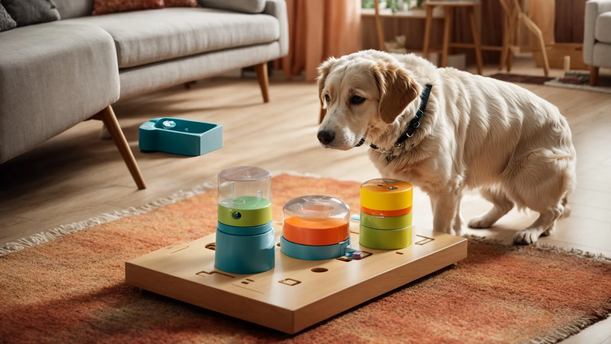 a dog engages with an interactive puzzle feeder in a bright living room, showcasing a blend of play and cognitive training.