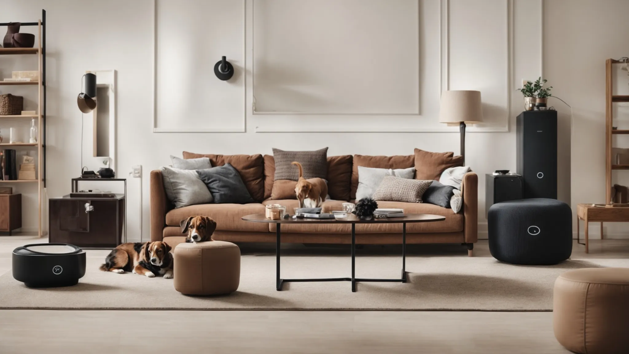 a spacious living room neatly organized with various interactive pet training devices strategically placed around.