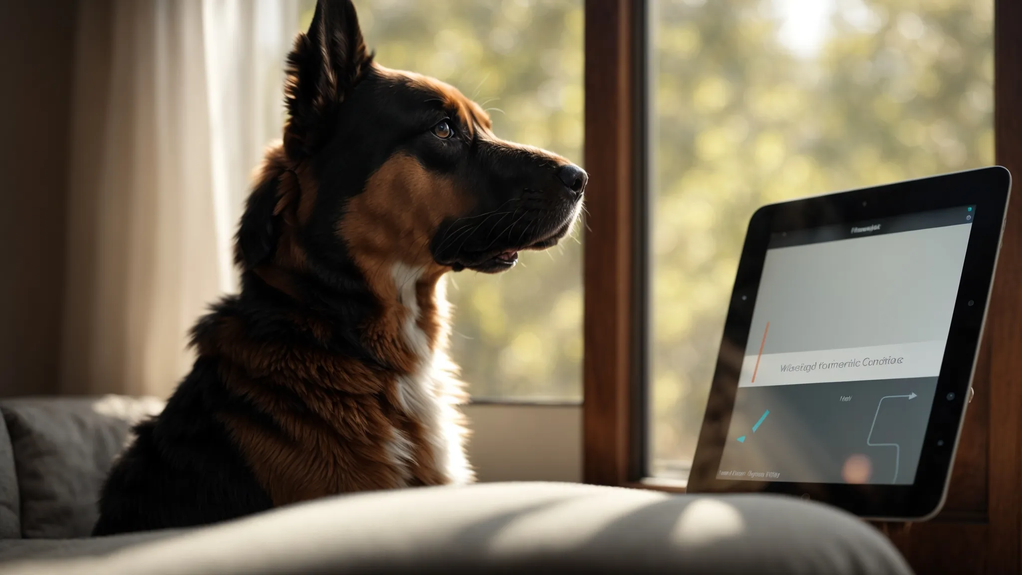 a dog sits attentively in a living room, facing a tablet displaying an interactive training app, as a gentle sunlight streams through the window.