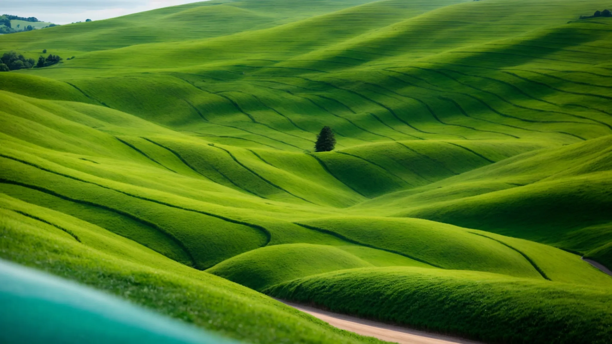 a panoramic view of a lush, green landscape blending seamlessly under a clear blue sky, symbolizing the harmony and balance in seo strategies.