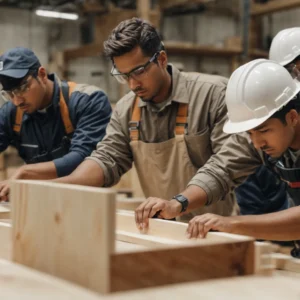 a group of focused individuals wearing safety gear while attentively learning carpentry in a well-equipped workshop.