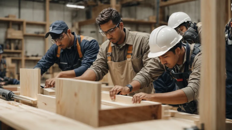 a group of focused individuals wearing safety gear while attentively learning carpentry in a well-equipped workshop.