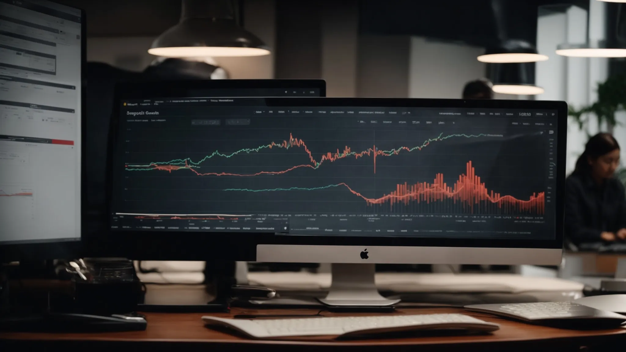 a digital marketing team reviews seo performance charts on a computer screen, reflecting a unified brand strategy.