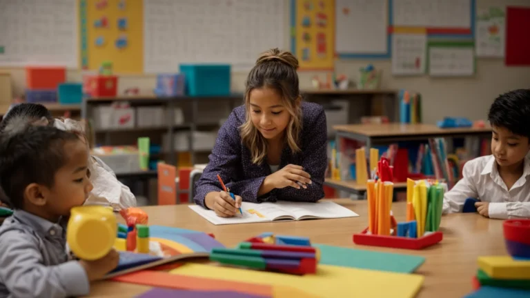 a teacher sits at a large table using colorful educational tools to engage with a young child.