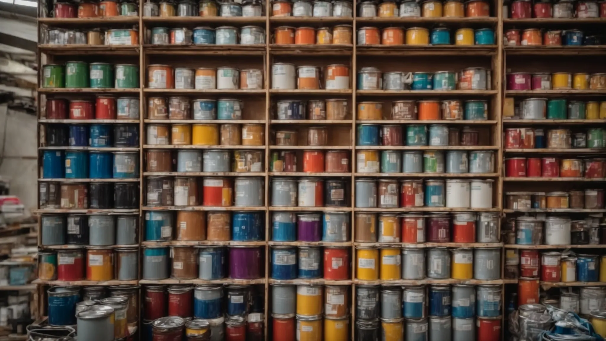 a vibrant array of paint cans with diverse colors on a shelf, with a backdrop of a bright, well-organized workshop.